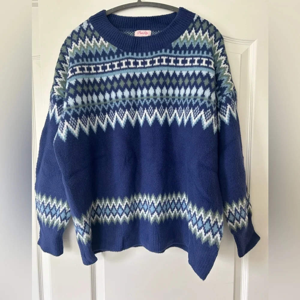 NWOT Pink Lily Bundled Up Navy Oversized Fuzzy Sweater